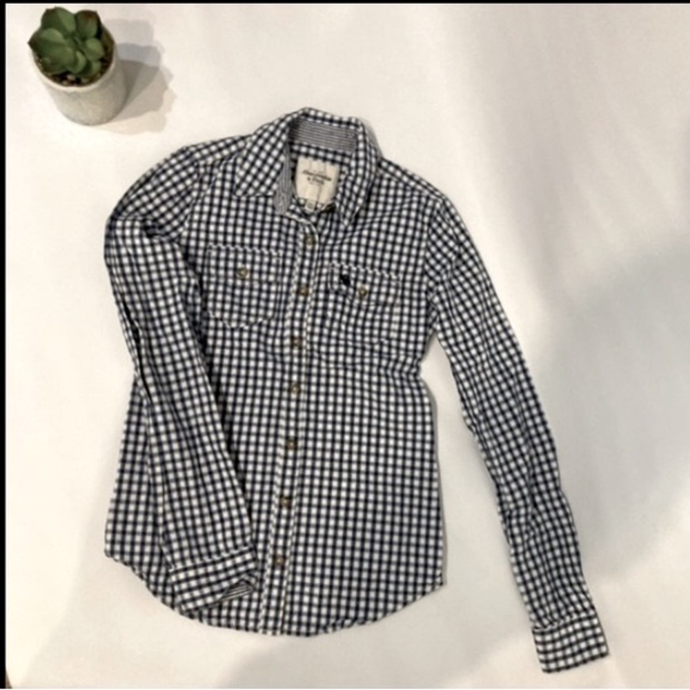 VTG Abercrombie & Fitch Gingham Blue White Button Down Shirt Long Sleeve Girl XS